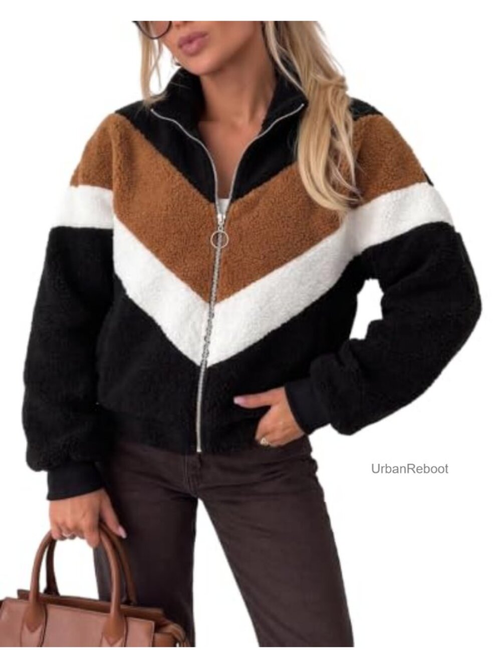Faux Shearling Color Block Zip Up Casual Winter Jacket